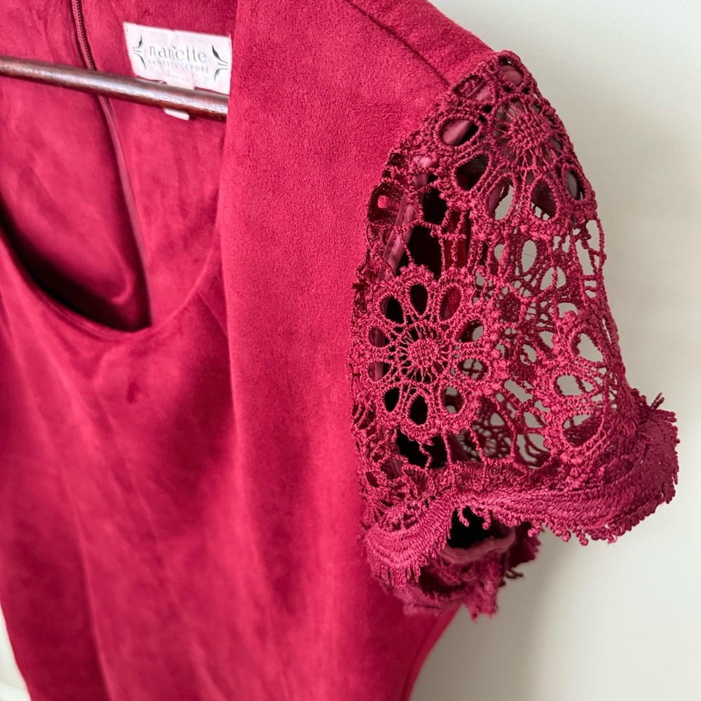 Deep Red Faux Suede Lace Sleeve Dress NWOT size 10 - Picture 6 of 6